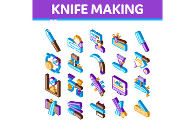 Knife Making Utensil Isometric Icons Set Vector