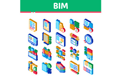 Bim Building Information Modeling Isometric Icons Set Vector