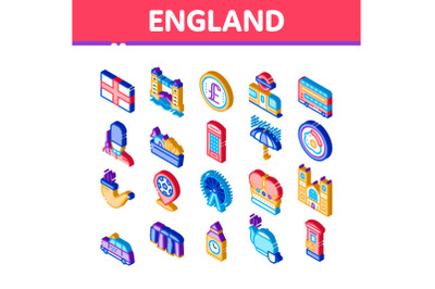 England United Kingdom Isometric Icons Set Vector