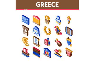 Greece Country History Isometric Icons Set Vector