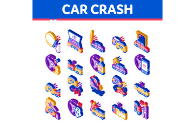 Car Crash Accident Isometric Icons Set Vector