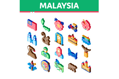 Malaysia National Isometric Icons Set Vector