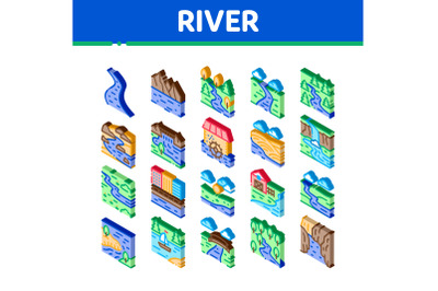 River Landscape Isometric Icons Set Vector