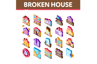 Broken House Building Isometric Icons Set Vector