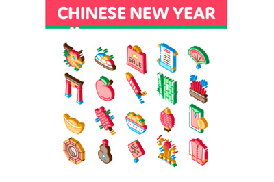 Chinese New Year Feast Isometric Icons Set Vector