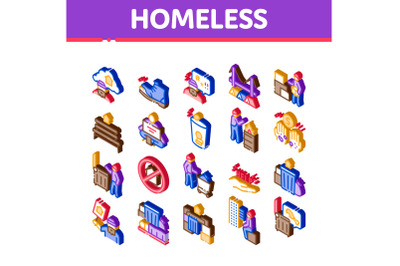 Homeless Beggar People Isometric Icons Set Vector