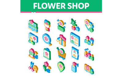 Flower Shop Boutique Isometric Icons Set Vector