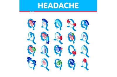 Headache Isometric Icons Set Vector