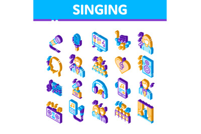 Singing Song Isometric Icons Set Vector