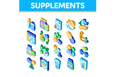 Supplements Isometric Elements Icons Set Vector