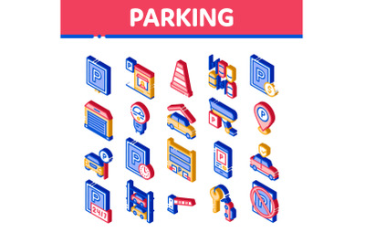 Parking Car Isometric Elements Icons Set Vector