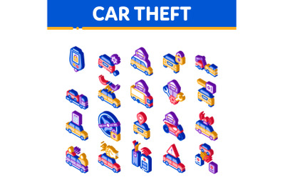 Car Theft Isometric Elements Icons Set Vector