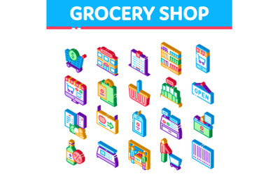 Grocery Shop Shopping Isometric Icons Set Vector