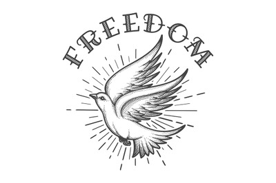 Flying Dove in the Sky with handmade Lettering Freedom Tattoo.