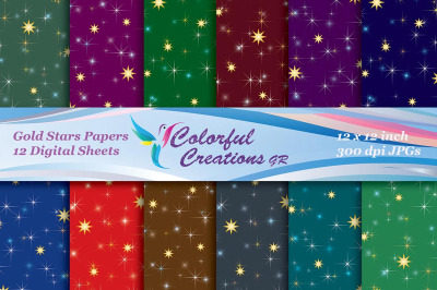 Christmas Digital Papers, Christmas Gold Star Pattern Scrapbook Papers