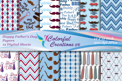 Fathers Day Digital Papers, Neckties and Moustache Images, Best Dad Sc