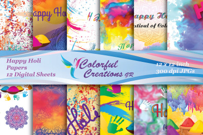 Happy Holi Digital Papers, Holi Scrapbook Papers, Indian Celebration S