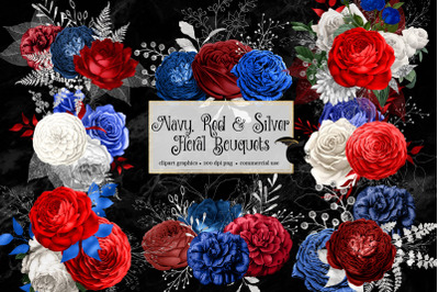 Navy, Red and Silver Floral Bouquets