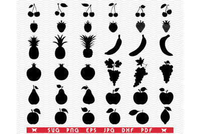 SVG Fruit Icons, Black Silhouette, Digital clipart