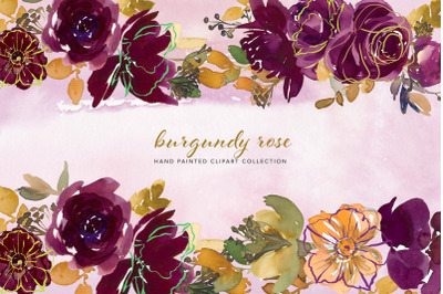 Watercolor Burgundy Floral Clipart