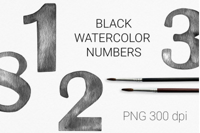 Black watercolor numbers clipart. Numbers and flowers graphics.
