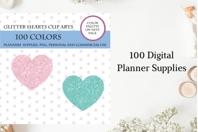 100 Glitter heart cliparts, Gold Silver glitter clip, Silver heart clipart