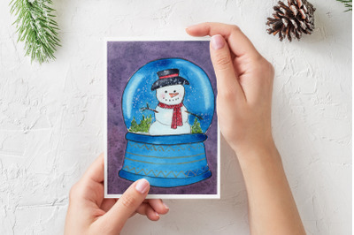 Watercolor Christmas Card. Snow Globe