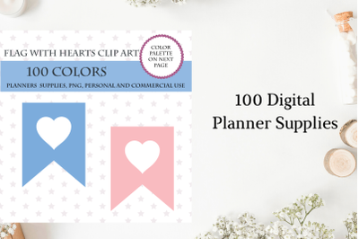 100 Banners flag with heart clipart&2C; Printable stickers&2C; Banners flag for scrapbooking