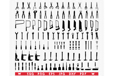 SVG Hand Tools, Black silhouettes, Digital clipart