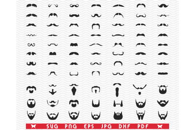 SVG Beard, Moustache, Black silhouettes, Digital clipart