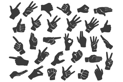 Hand gesture silhouette icons. Man hands gestures, pointing finger and