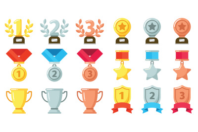 Gold, silver, bronze achievement or awards. Medals, trophies and rewar