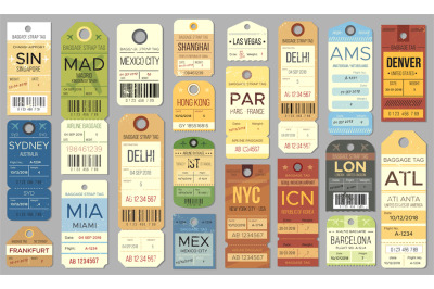 Luggage tags and tickets for passenger with country destination, weigh