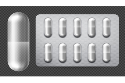 Medical pill packaging with capsules. Illness and pain treatment with