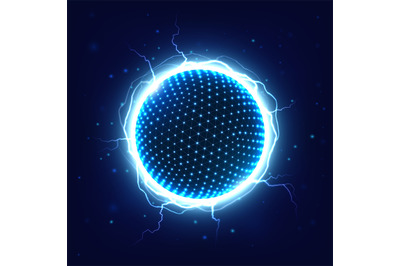 Power energy sphere with electrical thunder shining. Ball with dots su