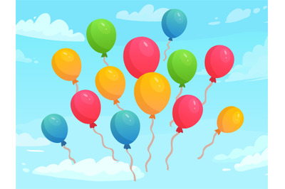 Balloons flying in sky among clouds. Colorful rubber balloons for holi