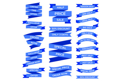 Blue sale ribbons set isolated on white background. Labels of various