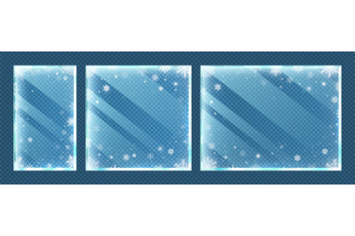 Frozen glass frames with snowflakes. Winter window border set with sno