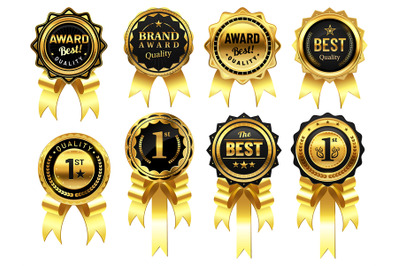 Luxury golden badges with ribbons. Award for best quality, first place