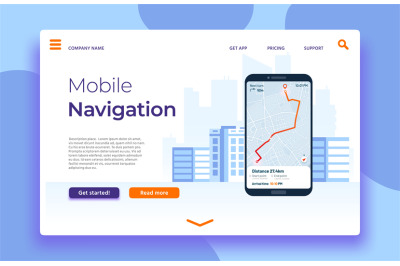 Mobile navigation landing page, smartphone with GPS application on scr