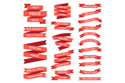 Red sale ribbons set isolated on white background. Curved paper, fabri