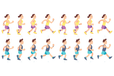 Man and woman character running. People animation. Sport athlete in sp