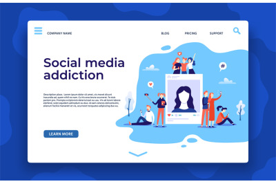 Social media addiction landing page. Young people using smartphones co