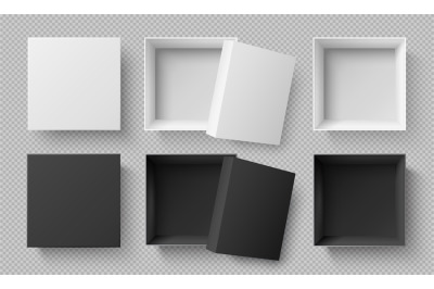 Top view white and black boxes. Realistic 3d cardboard mockup isolated