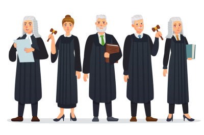 Judges team. Law judge in black robe costume, court people and justice