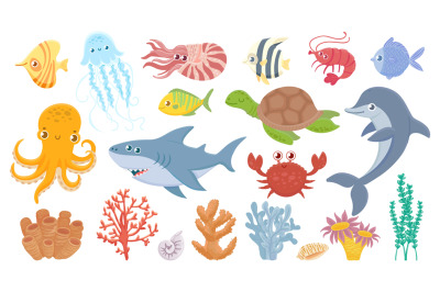 Cartoon sea life. Cute sea fish, aquatic corals, jellyfish and octopus