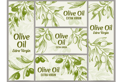 Olive oil banner. Organic oils labels&2C; green olive branches and extra