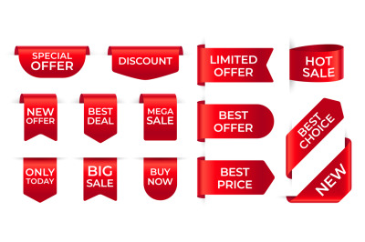 Red ribbon labels. Shopping exclusive stickers and big sale tag&2C; new o