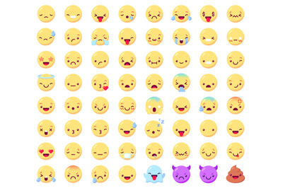 Flat emoticon emoji. Happy smiling yellow faces&2C; angry and sad&2C; joy an