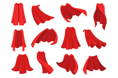 Superhero red cape. Scarlet fabric silk cloak in different position, f